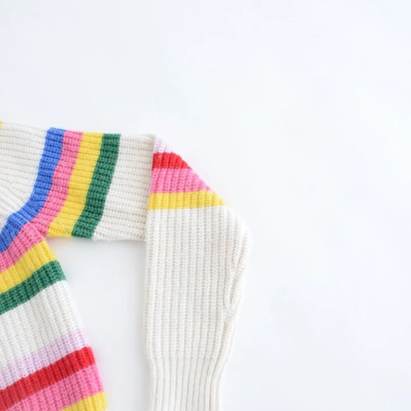 White + Warren Cream Pink Stripe Ribbed 25%  Merino Wool Knit Cropped Sweater XS - Picture 5 of 11